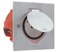 LEGRAND - Prise Etanche IP44 avec Clapet de Protection + Boîte à Encastrer - Pour Sol et Plan de Travail - Usage Intérieur ou Extérieur Protégé - Prise 2P+T - Fabriqué En France - Inox