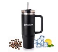 LEHMANN Mug Isotherme 900 ml avec Paille 3-en-1 Inox Noir | Conserve les boissons chaudes 12 h et froides 24 h, couvercle étanche 3-en-1, inox, sans BPA, compatible porte-gobelet