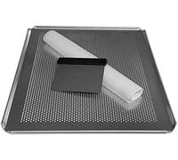 LEHRMANN Kit de pâtisserie 3 pièces Plaque de cuisson 44 x 35 cm perforée Tapis en silicone Grattoir à pâte en acier inoxydable pour la cuisson des pizzas à la maison