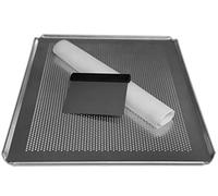 LEHRMANN Kit de pâtisserie 3 pièces Plaque de cuisson 45 x 35 cm perforée Tapis en silicone Grattoir à pâte en acier inoxydable pour la cuisson des pizzas à la maison