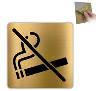 LEIASA | Plaque Interdiction de Fumer - 10x10 cm - Aluminium Doré - Sain | Cartouche Sans Cigarette, Visuel Mégot Proscrit, Badge Air Pur, Notice Tabac Refusé, Mention Local Non Fumeur Carré