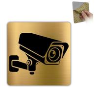LEIASA | Plaque Vidéosurveillance - 10x10 cm - Aluminium Doré - Site Suivi | Cartouche Caméra Active, Visuel Images Gardées, Badge Objectif Braqué, Notice Alarme, Mention Site Sous Bonne Garde