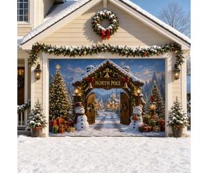 LEIDIMUS Bannière de Porte de Garage Noël, Bonhomme de Neige Pôle Nord | Polyester imperméable, impression 3D vive, bords renforcés et pose facile pour porches, murs, fêtes et photos