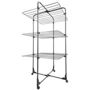 Leifheit Séchoir à linge tour Classic Tower 270 Black, étendoir à linge pliable noir à 3 niveaux, 27 mètres d'étendage avec cadres rabattables, demi-ouverture et roulettes 360°