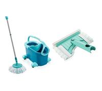 Leifheit Set Clean Twist Disc Mop Ergo Lave Sol, Seau et Balai essoreur, avec Manche télescopique & Chariot à roulettes & Nettoyeur de Douche Bath Cleaner Micro Duo, Tête de Nettoyage rotative 360°