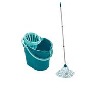 Leifheit Set Classic Mop, seau essoreur avec lave-sol, balai à franges en viscose très absorbantes, support essoreur pratique pour essorage facile Turquoise