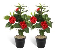 LEIMEND 2 Pcs Fleurs Artificielles Petite Fleur Artificielle en Pot Rouge | Camélia Artificiel Centre de Table Fleur Pot de Plante Artificielle pour la Décoration de la Maison du Bureau ou de I'hôtel