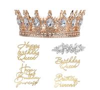 LEIMEND Set de 6 pièces Couronne Princesse Diademe Femme Couronne Gateau avec 4 happy birthday decoration gateau et 1broche cheveux pour Deco Gateau Mariages Coiffure Bals de Fin D'année Fêtes