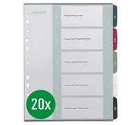 Leitz 12350000 Lot de 20 intercalaires A4, 1 à 5, 5 intercalaires, couverture inscriptible, extra large, en polypropylène, style multicolore
