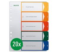 Leitz 12910000 Lot de 20 intercalaires A4, couverture inscriptible sur PC et 5 intercalaires, onglets avec chiffres imprimés de 1 à 5, surdimensionnés, blanc/multicolore/transparent, en polypropylène,