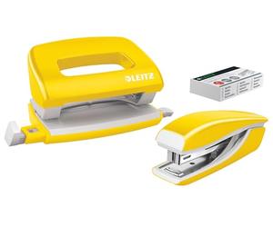 Leitz 55612016 Set avec Mini-Agrafeuse & Mini-Perforateur, Agrafage ou Perforation jusqu'à 10 Feuilles, Agrafes P2 N°10 Incluses, WOW, Jaune