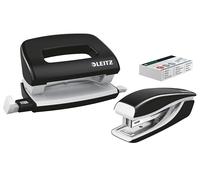 Leitz 55612095 Set avec Mini-Agrafeuse & Mini-Perforateur, Agrafage ou Perforation jusqu'à 10 Feuilles, Agrafes P2 N°10 Incluses, WOW, Noir