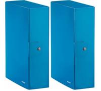 Leitz - Boîte de classement, fermeture à bouton, en carton plastifié, bleu métallisé, 24 x 35 x 10 cm (Lot de 2)