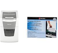 Leitz IQ 80110000 - Destructeur de Documents Coupe Croisée Sécurité P4 pour Bureau, Automatique, Capacité 100 Feuilles, Corbeille 34 litres, Blanc & Rexel 12 Feuilles prélubrifiées