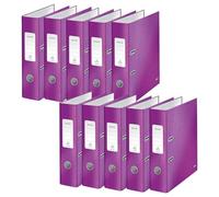 Leitz, Lot de 10 Classeurs à Levier A4, Carton Pelliculé, Dos 80 mm, Capacité 600 Feuilles, Mécanisme unique 180°, Classeur Bureau École Maison, Violet WOW, 10050062