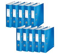 Leitz, Lot de 10 Classeurs à Levier A4, Carton Pelliculé, Dos 80 mm, Capacité 600 Feuilles, Mécanisme unique 180°, Classeur Bureau École Maison, Bleu WOW, 10050036