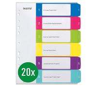 Leitz WOW 12420000 Lot de 20 intercalaires A4 avec couverture inscriptible sur PC et 6 intercalaires, onglets avec chiffres imprimés de 1 à 6, surdimensionnés, multicolores, en polypropylène, 12420000