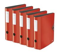 Leitz Wow Série WOW 10471020 Lot de 5 classeurs de qualité à 180° avec dos arrondi, fermeture élastique, polyfoam léger, format A4, largeur 8,2 cm, rouge