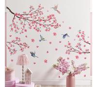 Lekabee Cerisier Fleur Arbre Branche Autocollant Mural | Autocollants muraux oiseaux de fleurs roses, chambre salon canapé TV fond décor mural