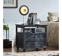 LELELINKY Table de chevet noire de style ferme, table d'appoint de 61 cm de large avec 2 tiroirs, commode pour chambre à coucher, salon, salle d'étude, bureau