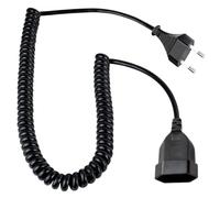 Leloco Rallonge en spirale - 3 m - Fiche européenne - Fiche plate - 2 fils - Câble d'alimentation - Pour TV, console de jeux, appareils ménagers, bureau, extérieur (noir)