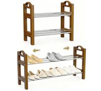 LEMIKKLE Étagère à chaussures en bois de chêne, 2 niveaux en acier inoxydable, extensible, idéale pour les petites étagères à chaussures pour les espaces étroits, convient pour les entrées, les