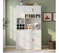 LEMLIT Buffet Haut 100x40x175 cm, Prise USB-C/USB-A, Range-verres et Bouteilles, 6 Portes et 1 Tiroir, Blanc