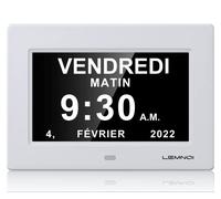 LEMNOI 7" Pouce LCD Horloge Numérique Calendrier avec Date Jour Et Heure Horloge Non-Abrégée Auto Dimming 8 Langues HD Display Rappel pour Alzheimer Les Personnes âgées et Les Enfants (Blanc)