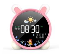 LEMNOI Réveil Educatif Jour Nuit Reveil Enfant Chatte 5 Couleurs Lumineux LED Lampe de Chevet avec Musique,Double Alarme,Température,Fonction Snooze (Lapin)