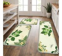 Lemon Greenery Lot de 3 tapis de cuisine doux pour sol, motif feuilles botaniques, coussin printanier, confortable, lavable pour cuisine, évier, buanderie, salle de bain