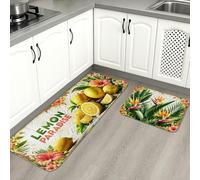 Lemon Paradise - Lot de 2 tapis de cuisine doux pour sol, motif floral tropical, confortable, lavable, décoration pour éviers, buanderie, salle de bain