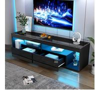 Lemonbest Meuble TV Moderne 180 cm avec Éclairage LED 2 Tiroirs Meuble Télé Noir Haute Brillance Table Console pour Salon Chambre
