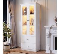 Lemonbest Vitrine en verre moderne en blanc mat 165cm avec port USB, LED télécommande 16 couleurs avec 2 tiroirs, étagères