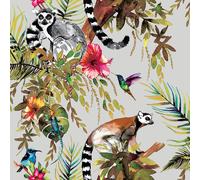 Lémurien Rainforest Animaux & Fleurs Papier Peint Métallisé Argent 12401