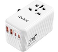 LENCENT 100W GaN3 Adaptateur Prise électrique avec 2 PD3,0 USB C+2 QC USB A Adaptateur Voyage Universel Charge Rapide International vers UK USA AUS Canada Chine Japon Thaïland Blanc