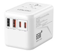 LENCENT Adaptateur de Voyage Universel Chargeur International GaN3 65W avec 2 QC4,0 USB-A et 2 PD3,0 Type C PPS Charge Rapide Adaptateur de Prise européen Mondial vers US UK EU AUS Blanc
