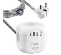 LENCENT Cube rallonge multiprise 3M avec 4 Prises AC, 3 USB et 1 Type C, Protection Contre Les surtensions pour rallonge électrique avec Interrupteur pour Maison, Cuisine, Bureau, Tressé Câble