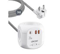 LENCENT Cube rallonge multiprise Amélioré PD 20W 3M avec 4 Prises AC, 2 USB et 1 Type C, Les surtensions pour rallonge électrique avec Interrupteur pour Maison, Cuisine, Bureau, Tressé Cable