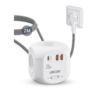 LENCENT Cube rallonge multiprise Fiche Plate Amélioré PD 20W 2M avec 4 Prises AC, 3 USB et 1 Type C, Surtensions pour rallonge électrique avec Interrupteur pour Maison, Cuisine, Bureau, Tressé Cable