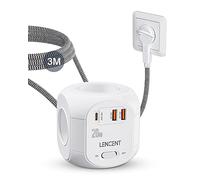 LENCENT Cube rallonge multiprise Fiche Plate Amélioré PD 20W 3M avec 4 Prises AC, 2 USB et 1 Type C, Surtensions pour rallonge électrique avec Interrupteur pour Maison, Cuisine, Bureau, Tressé Cable