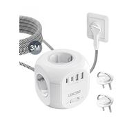 LENCENT Multiprise avec Interrupteur Cube Secteur 4 Prises, 2 USB A et 2 Type C, Multiprise USB Parafoudre et 4 Interrupteurs Rallonge Electrique 3M Câble la Maison et au Bureau Fiche Plate