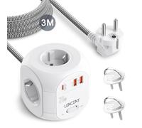 LENCENT Multiprise avec Interrupteur Cube Secteur 4 Prises, 2 USB et 1 Type C PD 20W Multiprise USB Parafoudre et Interrupteurs avec 2 Capuchons Rallonge Electrique 3M Câble la Maison et au Bureau