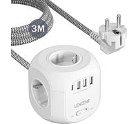 LENCENT Multiprise avec Interrupteur Cube Secteur 4 Prises, 3 USB & 1 USB C | Multiprise USB Parafoudre et 4 Interrupteurs Rallonge Electrique 3M Câble la Maison et au Bureau