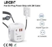 LENCENT - multiprise plate avec prise ue, Cube avec prises 4AC + 2 USB QC3.0 + 1 Type C PD20W, charge rapide, câble tressé de 2M/3M pour la maison 3M 4AC 2U1C PD20W