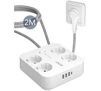 LENCENT Rallonge Multiprise avec 3 USB A et 4 Prises européennes CA, Rallonge Multiprise 2M, Bloc Parafoudre avec Interrupteur, Taille compacte, Blanc Multiprise Bureau