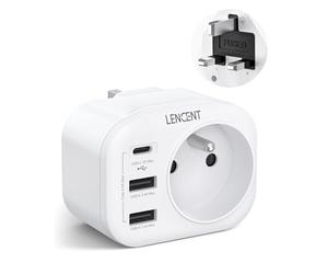 LENCENT Type G Adaptateur Voyage France vers UK, Franc vers Prise Anglaise | Adaptateur 4 en 1 avec 1 Prise CA/2 USB-A /1 USB-C - Idéal pour Angleterre, Irlande, Écosse, Royaume-Uni