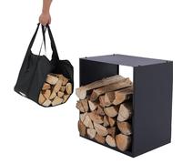 Lendo Online Range-Bûches + sac de transport - Porte-bois de chauffage pour Usage Intérieur Extérieur- Rangement bois de cheminée - Porte-Bûches - Noir - Métal (40x28x40cm)