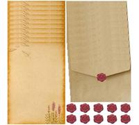 L'ensemble de Papeterie Vintage Papier, Enveloppe Papier à Lettre Ancienne, 10 Enveloppes de Papier, 16 Papier à Lettre Kraft Vintage et 10 Autocollants de Sceau en Cire, pour Invitations (Style D)