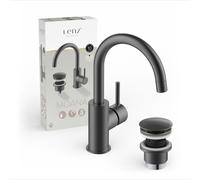 Lenz MOANA Mitigeur de lavabo graphite, Mitigeur monocommandé avec bec pivotant à 360°, Pop-Up valve, cartouche céramique, WC invités 46012331