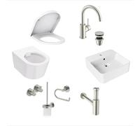 Lenz Perfect Fit 41050011 Kit de salle de bain pour invités 8 pièces en acier inoxydable - WC mural avec abattant WC avec système d'abaissement automatique, lavabo, robinet économique, siphon et kit